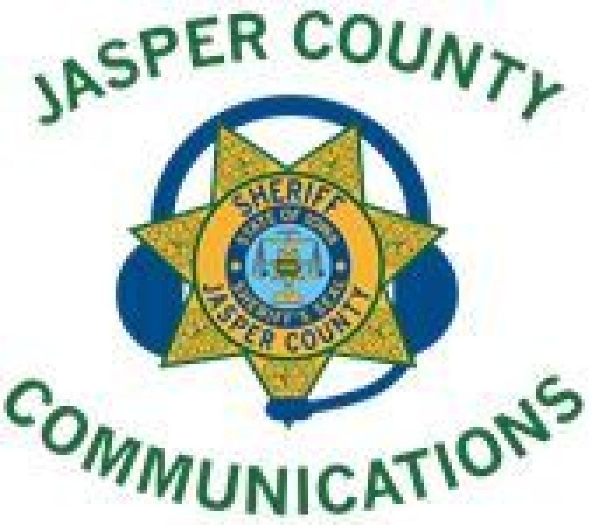 Jasper County Communications: Jasper County Sheriff logo with headset around it.